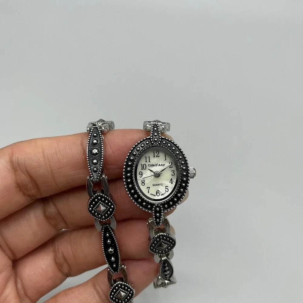 Cote D' Azur Womens Watch 19mm MOP Dial Silver Tone Marcasite New Battery 7.75